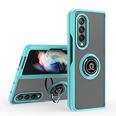 Silicone Matte Finish and Plastic Back Cover Case with Magnetic Finger Ring Stand QW2 for Samsung Galaxy Z Fold4 5G Cyan