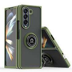 Silicone Matte Finish and Plastic Back Cover Case with Magnetic Finger Ring Stand QW2 for Samsung Galaxy Z Fold5 5G Army green
