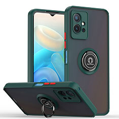 Silicone Matte Finish and Plastic Back Cover Case with Magnetic Finger Ring Stand QW2 for Vivo iQOO Z6 5G Midnight Green