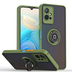 Silicone Matte Finish and Plastic Back Cover Case with Magnetic Finger Ring Stand QW2 for Vivo T1 5G India Army green