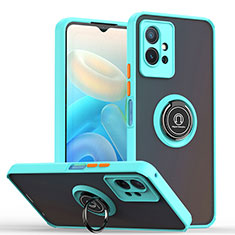 Silicone Matte Finish and Plastic Back Cover Case with Magnetic Finger Ring Stand QW2 for Vivo T1 5G India Cyan