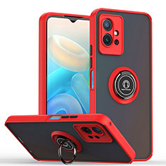 Silicone Matte Finish and Plastic Back Cover Case with Magnetic Finger Ring Stand QW2 for Vivo T1 5G India Red