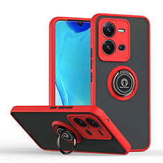 Silicone Matte Finish and Plastic Back Cover Case with Magnetic Finger Ring Stand QW2 for Vivo V25 5G Red