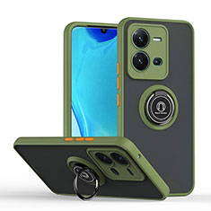Silicone Matte Finish and Plastic Back Cover Case with Magnetic Finger Ring Stand QW2 for Vivo X80 Lite 5G Army green