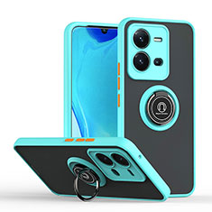 Silicone Matte Finish and Plastic Back Cover Case with Magnetic Finger Ring Stand QW2 for Vivo X80 Lite 5G Cyan