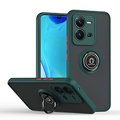 Silicone Matte Finish and Plastic Back Cover Case with Magnetic Finger Ring Stand QW2 for Vivo X80 Lite 5G Midnight Green