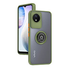 Silicone Matte Finish and Plastic Back Cover Case with Magnetic Finger Ring Stand QW2 for Vivo Y02t Army green