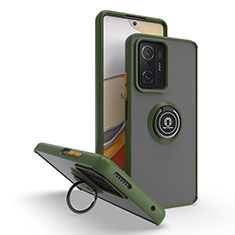 Silicone Matte Finish and Plastic Back Cover Case with Magnetic Finger Ring Stand QW2 for Xiaomi Mi 11T 5G Army green