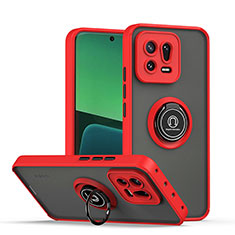 Silicone Matte Finish and Plastic Back Cover Case with Magnetic Finger Ring Stand QW2 for Xiaomi Mi 13 5G Red