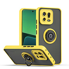 Silicone Matte Finish and Plastic Back Cover Case with Magnetic Finger Ring Stand QW2 for Xiaomi Mi 13 5G Yellow