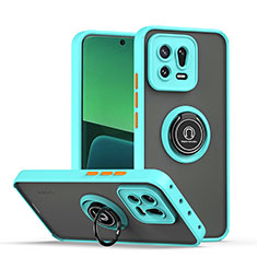 Silicone Matte Finish and Plastic Back Cover Case with Magnetic Finger Ring Stand QW2 for Xiaomi Mi 13 Pro 5G Cyan