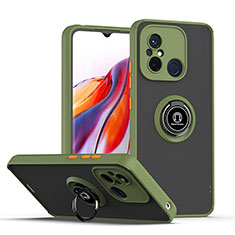 Silicone Matte Finish and Plastic Back Cover Case with Magnetic Finger Ring Stand QW2 for Xiaomi Poco C55 Army green