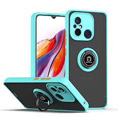 Silicone Matte Finish and Plastic Back Cover Case with Magnetic Finger Ring Stand QW2 for Xiaomi Poco C55 Cyan
