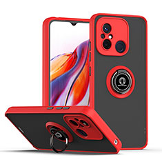 Silicone Matte Finish and Plastic Back Cover Case with Magnetic Finger Ring Stand QW2 for Xiaomi Poco C55 Red