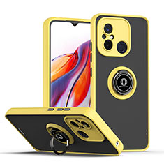 Silicone Matte Finish and Plastic Back Cover Case with Magnetic Finger Ring Stand QW2 for Xiaomi Poco C55 Yellow