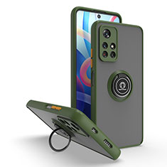 Silicone Matte Finish and Plastic Back Cover Case with Magnetic Finger Ring Stand QW2 for Xiaomi Poco M4 Pro 5G Army green