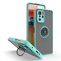 Silicone Matte Finish and Plastic Back Cover Case with Magnetic Finger Ring Stand QW2 for Xiaomi Poco X3 GT 5G Cyan