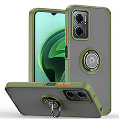 Silicone Matte Finish and Plastic Back Cover Case with Magnetic Finger Ring Stand QW2 for Xiaomi Redmi 10 Prime Plus 5G Army green