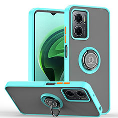 Silicone Matte Finish and Plastic Back Cover Case with Magnetic Finger Ring Stand QW2 for Xiaomi Redmi 10 Prime Plus 5G Cyan