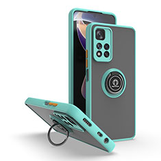 Silicone Matte Finish and Plastic Back Cover Case with Magnetic Finger Ring Stand QW2 for Xiaomi Redmi Note 11 Pro+ Plus 5G Cyan