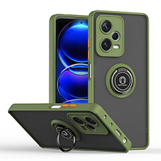 Silicone Matte Finish and Plastic Back Cover Case with Magnetic Finger Ring Stand QW2 for Xiaomi Redmi Note 12 Pro 5G Army green