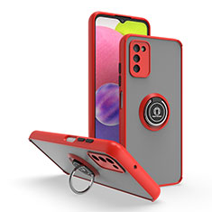 Silicone Matte Finish and Plastic Back Cover Case with Magnetic Finger Ring Stand QW3 for Samsung Galaxy A02s Red