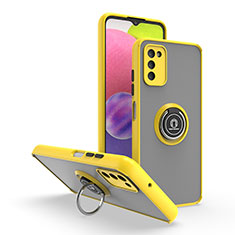 Silicone Matte Finish and Plastic Back Cover Case with Magnetic Finger Ring Stand QW3 for Samsung Galaxy A02s Yellow