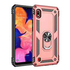 Silicone Matte Finish and Plastic Back Cover Case with Magnetic Finger Ring Stand QW3 for Samsung Galaxy A10 Rose Gold