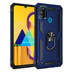 Silicone Matte Finish and Plastic Back Cover Case with Magnetic Finger Ring Stand QW3 for Samsung Galaxy M21 Blue