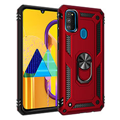 Silicone Matte Finish and Plastic Back Cover Case with Magnetic Finger Ring Stand QW3 for Samsung Galaxy M21 Red