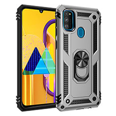 Silicone Matte Finish and Plastic Back Cover Case with Magnetic Finger Ring Stand QW3 for Samsung Galaxy M30s Silver
