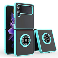 Silicone Matte Finish and Plastic Back Cover Case with Magnetic Finger Ring Stand QW3 for Samsung Galaxy Z Flip4 5G Cyan