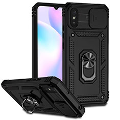 Silicone Matte Finish and Plastic Back Cover Case with Magnetic Finger Ring Stand QW3 for Xiaomi Redmi 9A Black