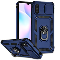 Silicone Matte Finish and Plastic Back Cover Case with Magnetic Finger Ring Stand QW3 for Xiaomi Redmi 9A Blue