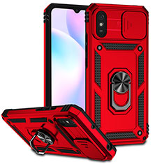 Silicone Matte Finish and Plastic Back Cover Case with Magnetic Finger Ring Stand QW3 for Xiaomi Redmi 9A Red