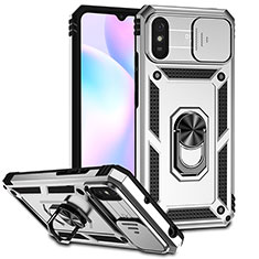 Silicone Matte Finish and Plastic Back Cover Case with Magnetic Finger Ring Stand QW3 for Xiaomi Redmi 9A Silver