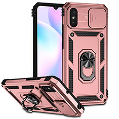 Silicone Matte Finish and Plastic Back Cover Case with Magnetic Finger Ring Stand QW3 for Xiaomi Redmi 9i Rose Gold