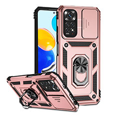 Silicone Matte Finish and Plastic Back Cover Case with Magnetic Finger Ring Stand QW3 for Xiaomi Redmi Note 11 4G (2022) Rose Gold
