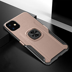 Silicone Matte Finish and Plastic Back Cover Case with Magnetic Finger Ring Stand R01 for Apple iPhone 11 Rose Gold