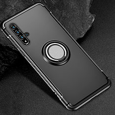 Silicone Matte Finish and Plastic Back Cover Case with Magnetic Finger Ring Stand R01 for Huawei Honor 20 Black