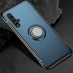 Silicone Matte Finish and Plastic Back Cover Case with Magnetic Finger Ring Stand R01 for Huawei Honor 20 Blue