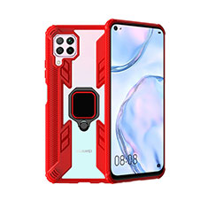 Silicone Matte Finish and Plastic Back Cover Case with Magnetic Finger Ring Stand R01 for Huawei Nova 6 SE Red