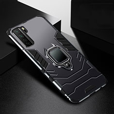 Silicone Matte Finish and Plastic Back Cover Case with Magnetic Finger Ring Stand R01 for Huawei Nova 7 SE 5G Black
