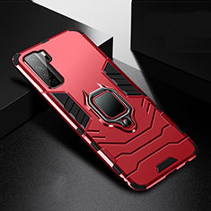Silicone Matte Finish and Plastic Back Cover Case with Magnetic Finger Ring Stand R01 for Huawei Nova 7 SE 5G Red