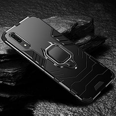 Silicone Matte Finish and Plastic Back Cover Case with Magnetic Finger Ring Stand R01 for Huawei P20 Black