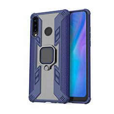 Silicone Matte Finish and Plastic Back Cover Case with Magnetic Finger Ring Stand R01 for Huawei P30 Lite Blue