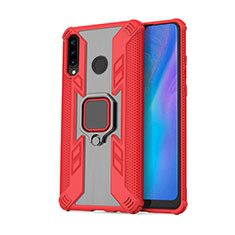 Silicone Matte Finish and Plastic Back Cover Case with Magnetic Finger Ring Stand R01 for Huawei P30 Lite Red
