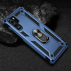Silicone Matte Finish and Plastic Back Cover Case with Magnetic Finger Ring Stand R01 for Huawei P30 Pro Blue