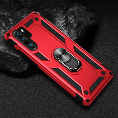 Silicone Matte Finish and Plastic Back Cover Case with Magnetic Finger Ring Stand R01 for Huawei P30 Pro Red