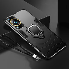 Silicone Matte Finish and Plastic Back Cover Case with Magnetic Finger Ring Stand R01 for Huawei P60 Black